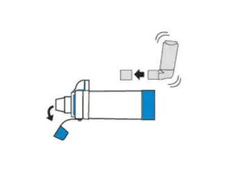 diagram depicting how to insert inhaler into aerochamber plus flow-vu device