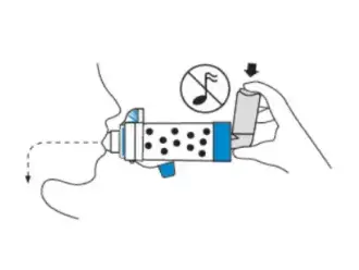 diagram depicting how to press inhaler in aerochamber plus flow-vu device