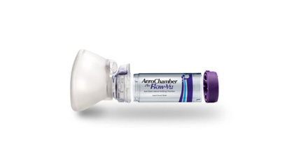 AeroChamber Plus Flow Vu Chamber purple adult small mask side view exploded