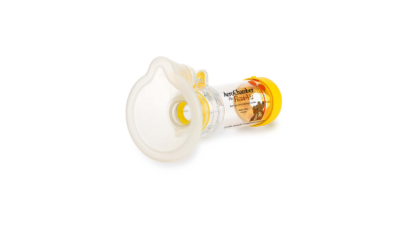 AeroChamber Plus Flow Vu Chamber yellow child mask three quarter view