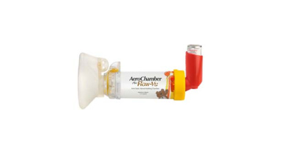 AeroChamber Plus Flow Vu Chamber yellow child mask sideview with inhaler