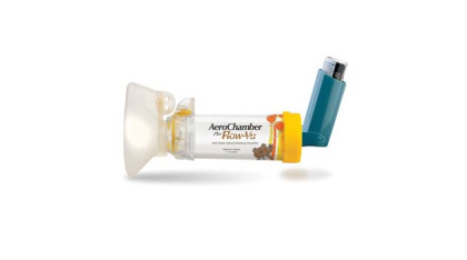 AeroChamber Plus Flow Vu Chamber yellow child mask sideview with inhaler