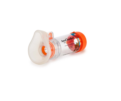 AeroChamber Plus Flow Vu Chamber orange infant mask three quarter view