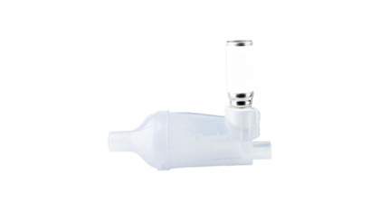 AeroChamber Mini horizontal view from the left, shown with metered dose inhaler (MDI)
