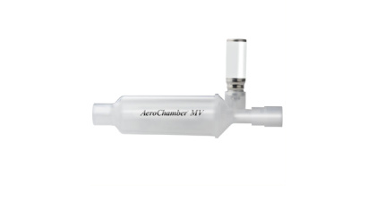 AeroChamber MV horizontal view from the left, shown with metered does inhaler (MDI)