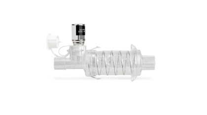 AeroChamber VENT viewed from the right, shown with metered dose inhaler (MDI)