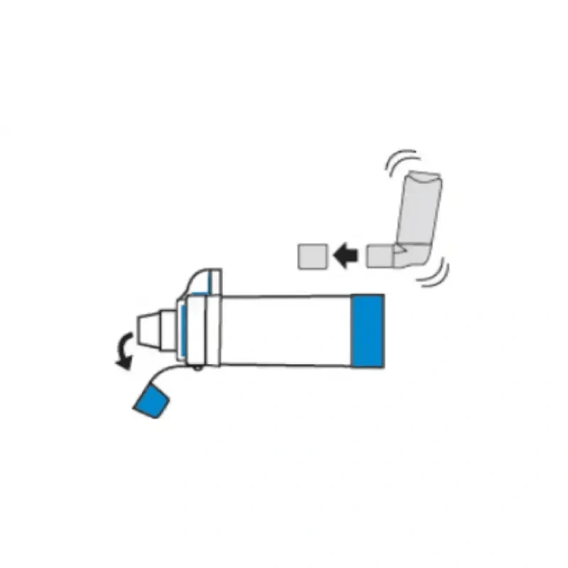 diagram depicting how to insert inhaler into aerochamber plus flow-vu device