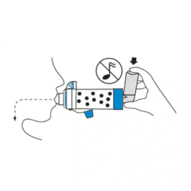 diagram depicting how to press inhaler in aerochamber plus flow-vu device