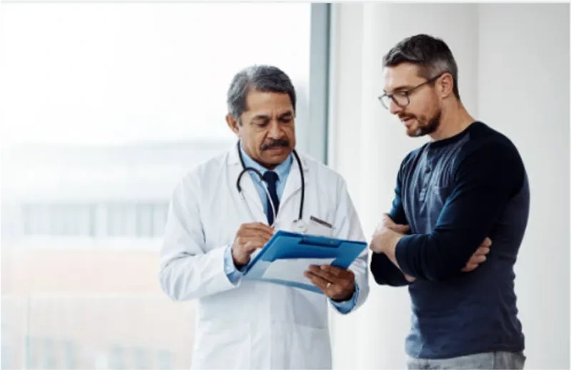 A doctor describing something to the patient