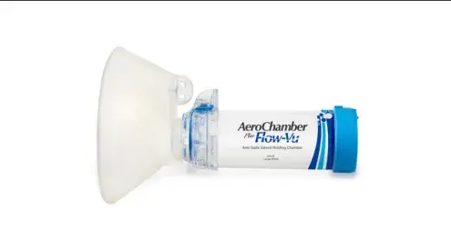 AeroChamber Plus Flow Vu Chamber Blue mask side view