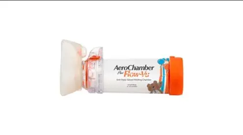 AeroChamber Plus Flow Vu Chamber orange child mask sideview