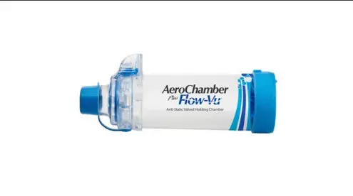 AeroChamber Plus Flow Vu Chamber Blue adult mouthpiece sideview